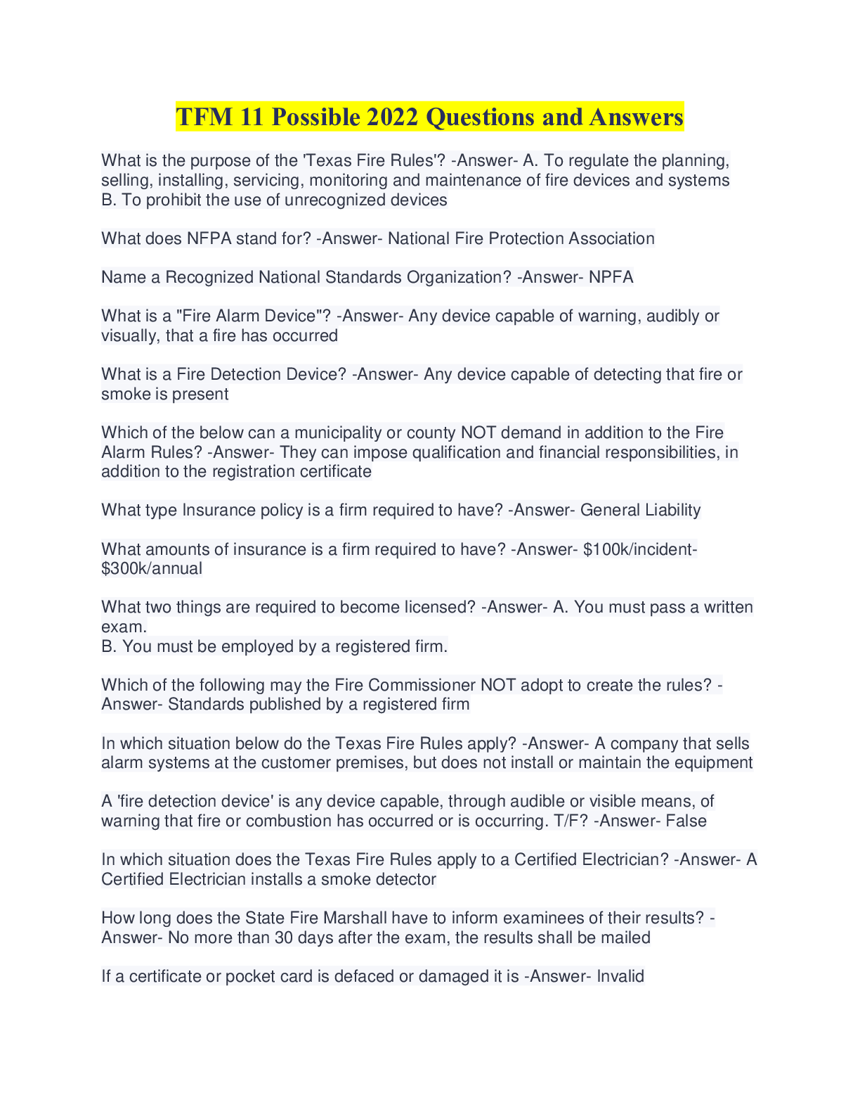 Preview image for TFM 11 Possible 2022 Questions and Answers